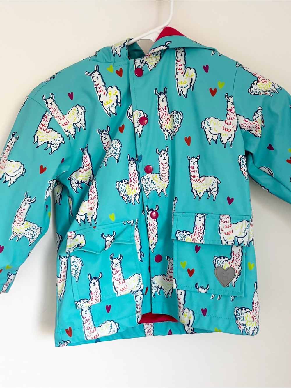 Hatley Turquoise Llama Print Kids Raincoat with Colorful Hearts